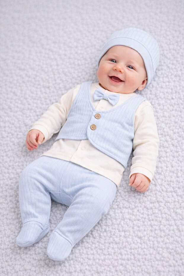Baby Boy 0-3 Months Newborn Set Vest with Stitched Bow Tie, Self-Gloved Bodysuit + Booties + Hat