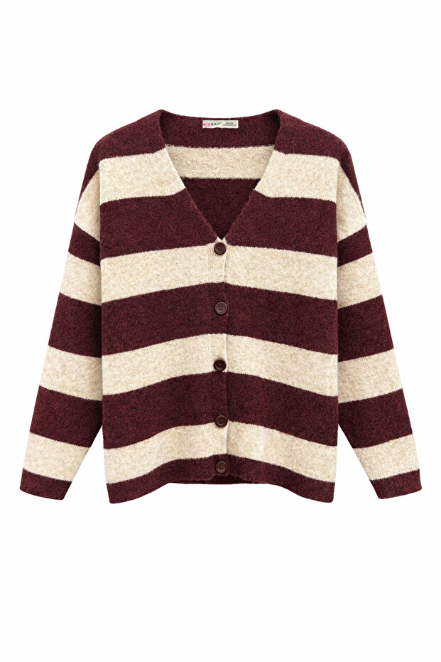 7019 women's thick striped wool blend knit shawl cardigan set - burgundy