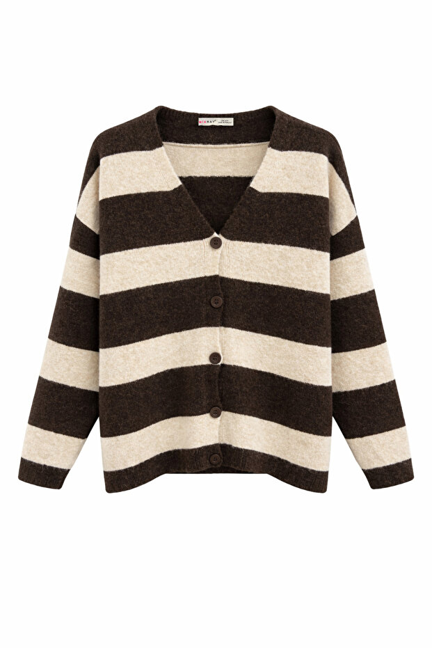 7019 Women's Thick Striped Wool Blend Knitwear Shawl Cardigan Set Brown