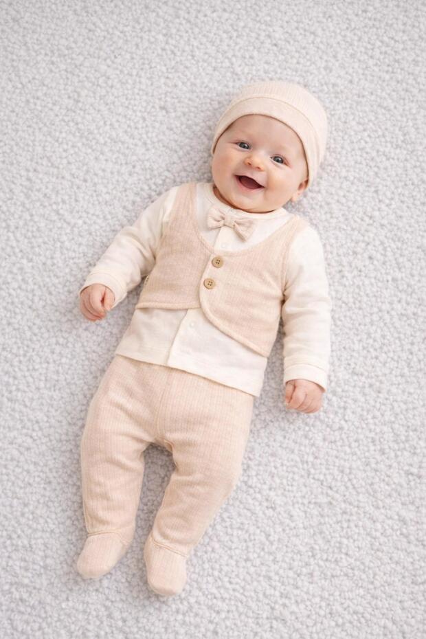 Baby Boy 0-3 Months Newborn Set Vest with Stitched Bow Tie, Self-Gloved Bodysuit + Booties + Hat