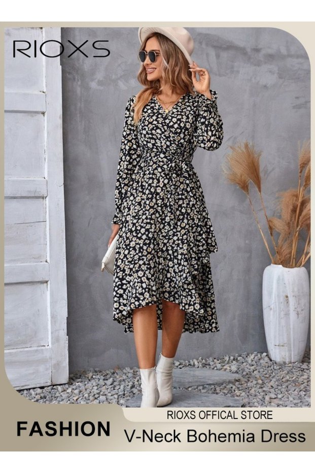 Women's Long Sleeve V Neck Floral Midi Dress, Casual Flowy A-line High Waist Bohemia Dress with Belt