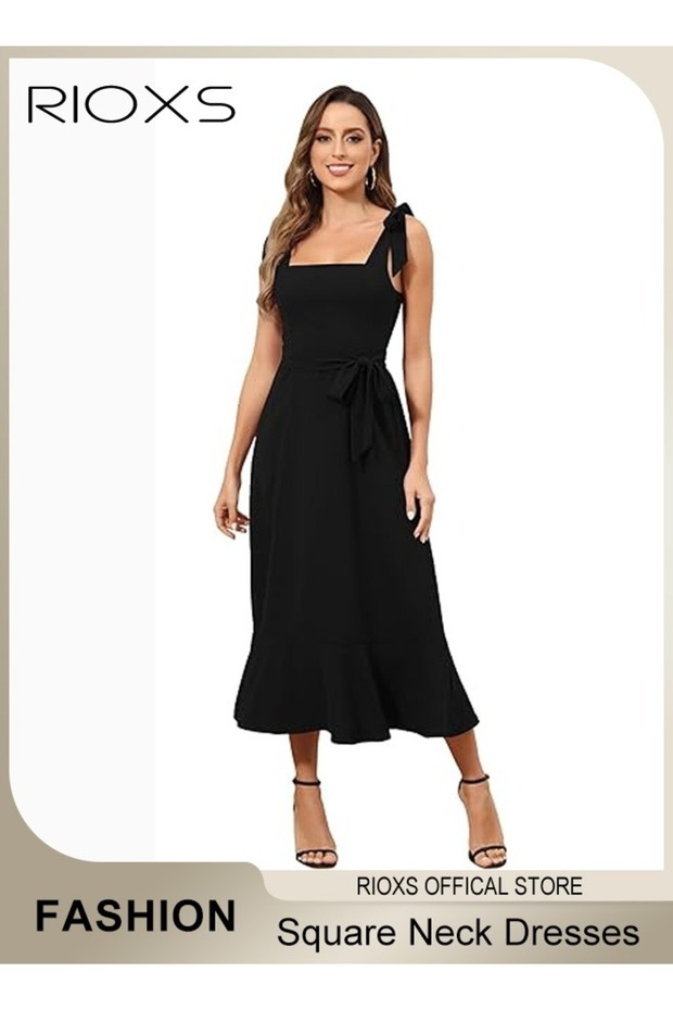 Women's Square Neck Sleevelss Split Cocktail Dress, Elegant Ruffle Hem Shoulder Straps Tie Formal Dr