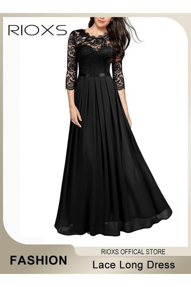 Women's Elegant Lace Long Dress 3/4 Sleeve Chiffon Party Wedding Maxi Dress Ladies Black Lace Slim E