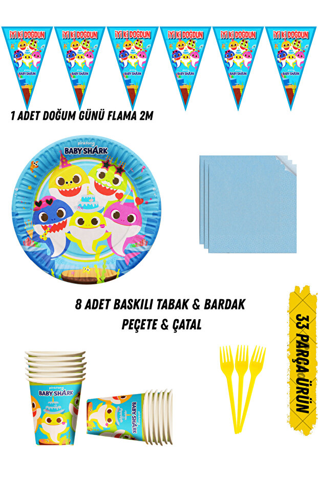 Baby Shark Themed Birthday Party Set Plate & Cup & Napkin & Fork