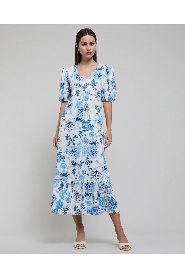 Printed A-Line Dress With V-Neck And Puff Sleeves