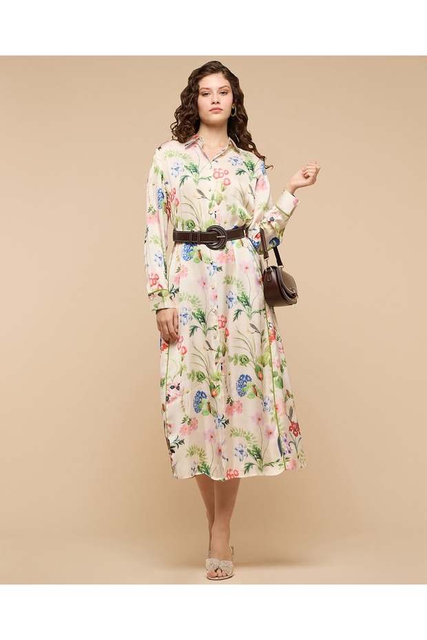 Floral Print Shirt Dress With Long Sleeves