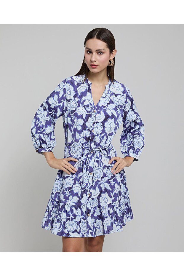 Floral Print Shirt Dress With Puff Sleeves