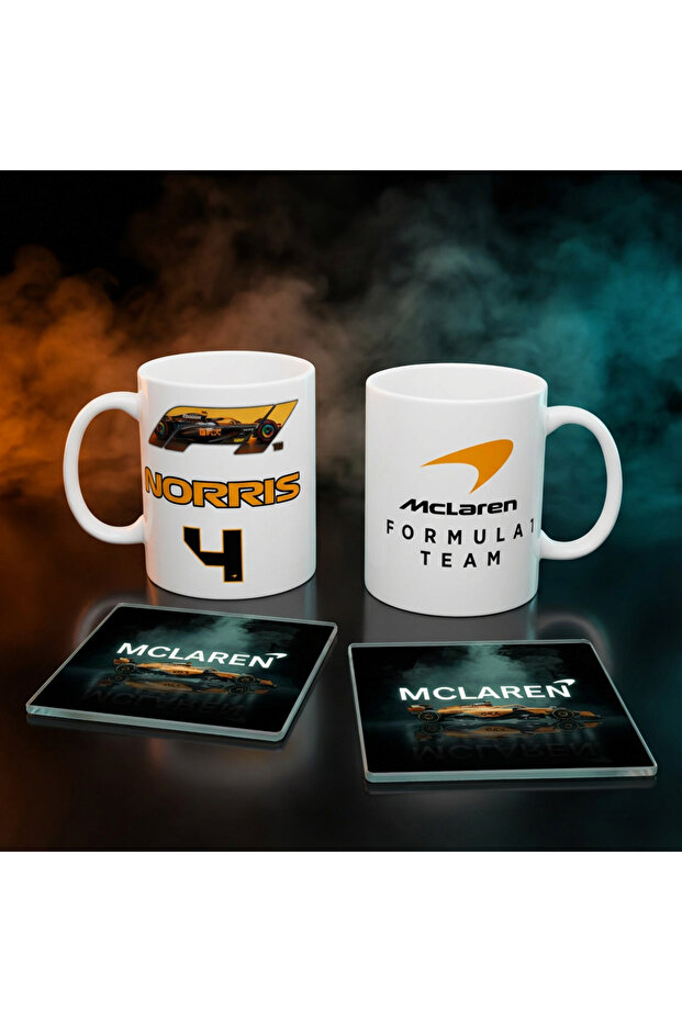 Formula Orange Speed Spirit Number 4 Designed 4-Piece Gift Set 2 Mugs and 2 Glass Coasters Set
