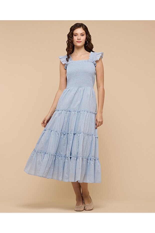 Self Design Tiered Dress With Square Neck And Flutter Sleeves