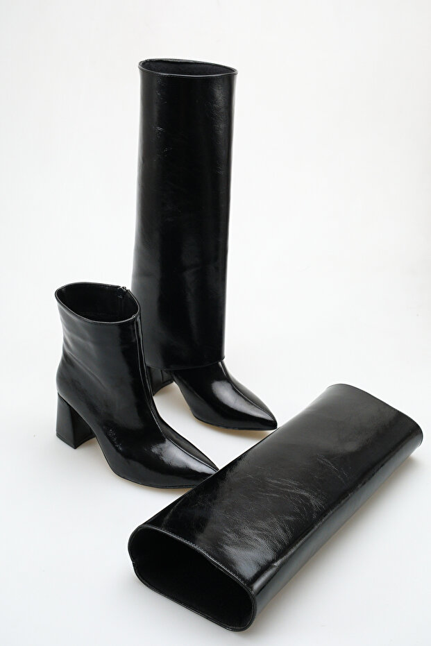 Black Women's Heeled Wrinkled Patent Leather Slip-On Boots