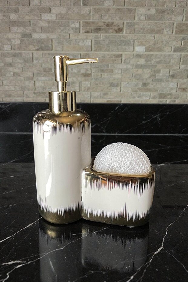 28752 Porcelain Liquid Soap Dispenser with Sponge Holder Compartment 400ml Gilded