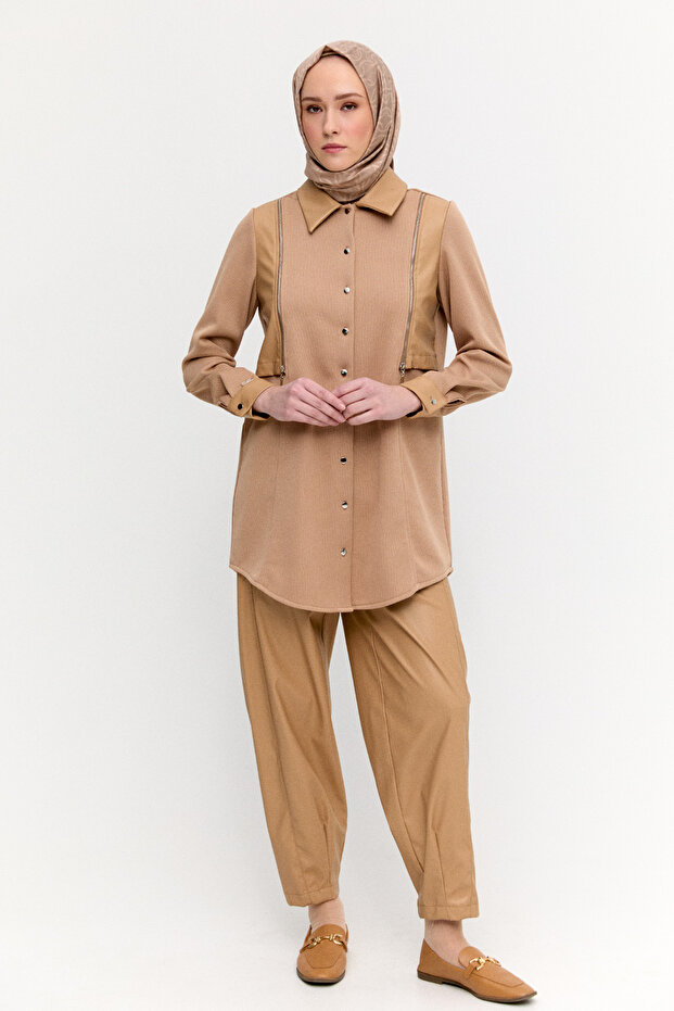 Suni Deri Detaylı Örme Tunik - 1