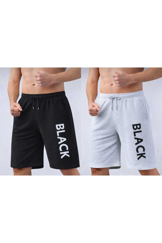 2-Pack Men's Black-Grey Bermuda Sports Shorts - with Pockets Black Bas Printed Itness Gym Sports Shorts