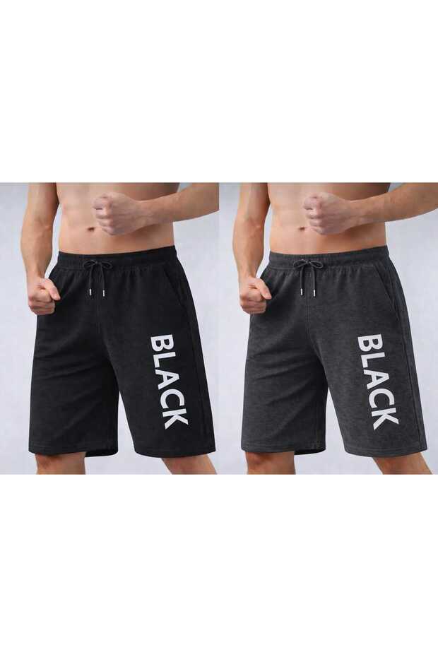 2-Piece Men's Black-Smoked Bermuda Sports Shorts - with Pockets Black Ba Printed Fitness Gym Sports Shorts