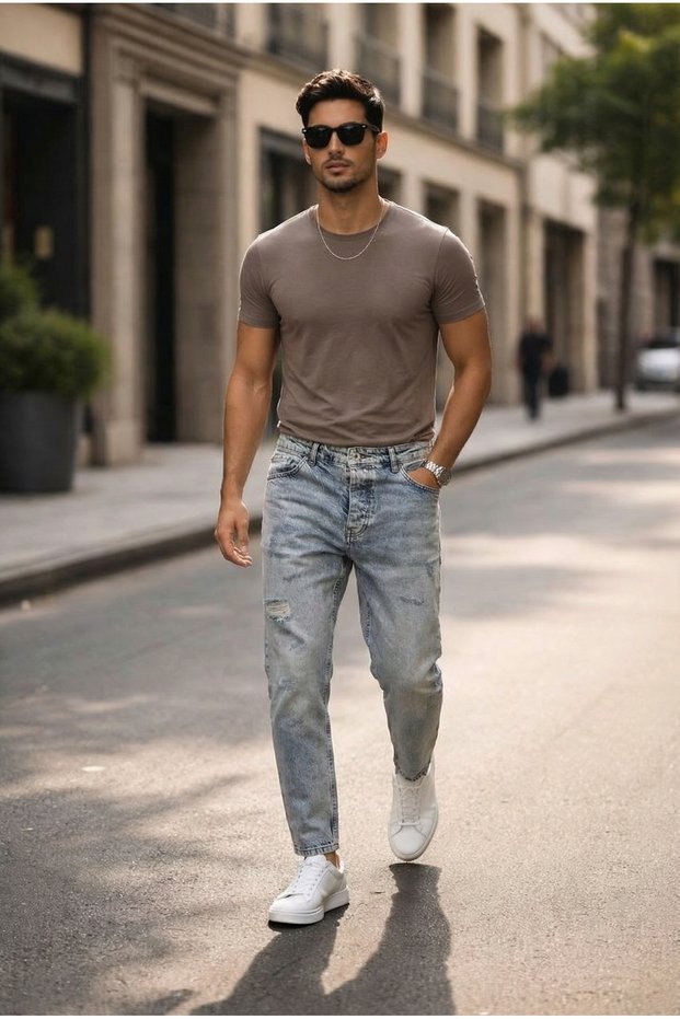 Boyfriend Carrot Cut Ripped Detail Men's Blue Denim Jean Trousers Ke-364