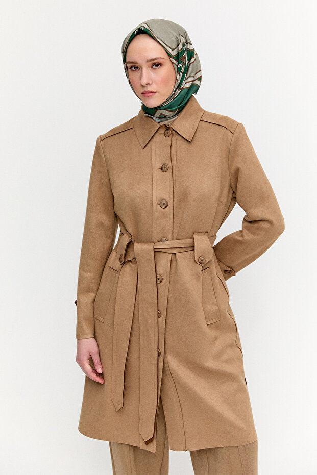 Kuşaklı Süet Görünümlü Kap - 4