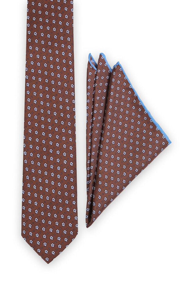 Brown Patterned Silk Tie Set - 2