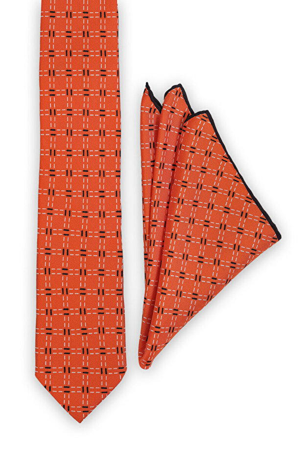 مجموعة ربطة عنق حريرية منقوشة باللون البرتقالي - 2