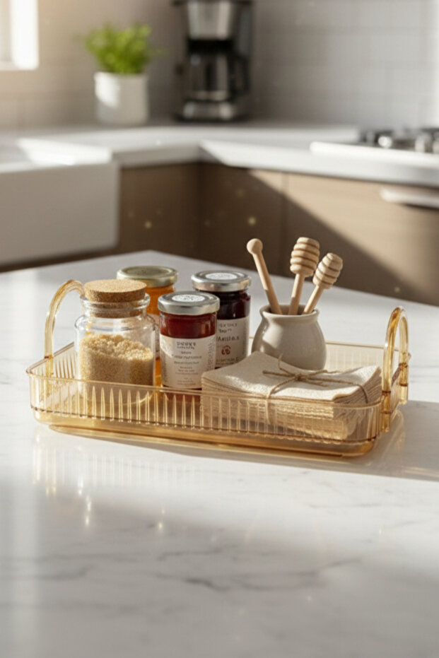 صينية مستطيلة من البولي كربونات بتصميم عتيق للتقديم والعرض، صينية مستطيلة صفراء - 3