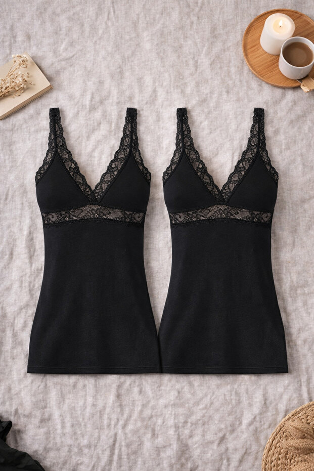 Women's Modal Cotton Stretch Fabric Lace Detailed Strappy Black 2-Piece Undershirt