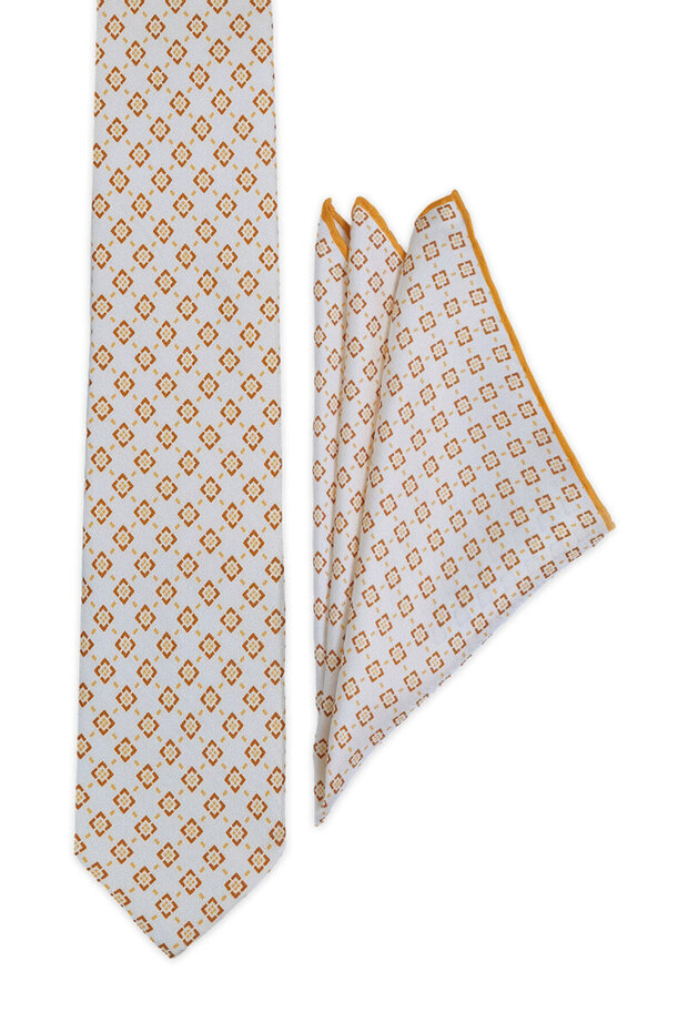Ecru Patterned Silk Tie Set - 2