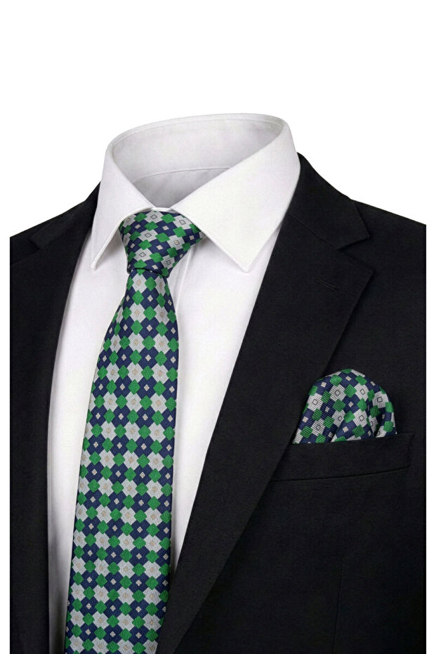 Green Patterned Silk Tie Set - 1