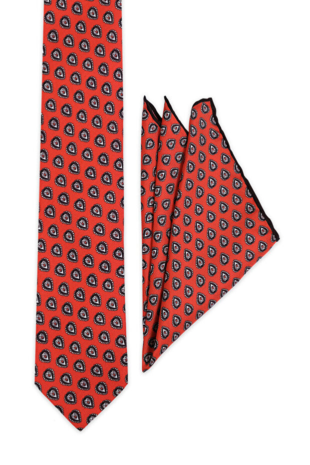 مجموعة ربطة عنق حريرية منقوشة باللون الأحمر - 2