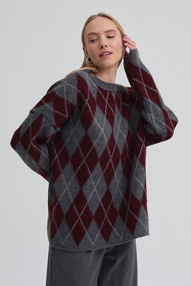 Argyle Triko Kazak Bordo - 7