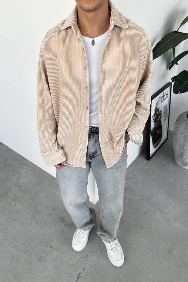 Beige Corded Fabric Velvet Relaxed Shirt