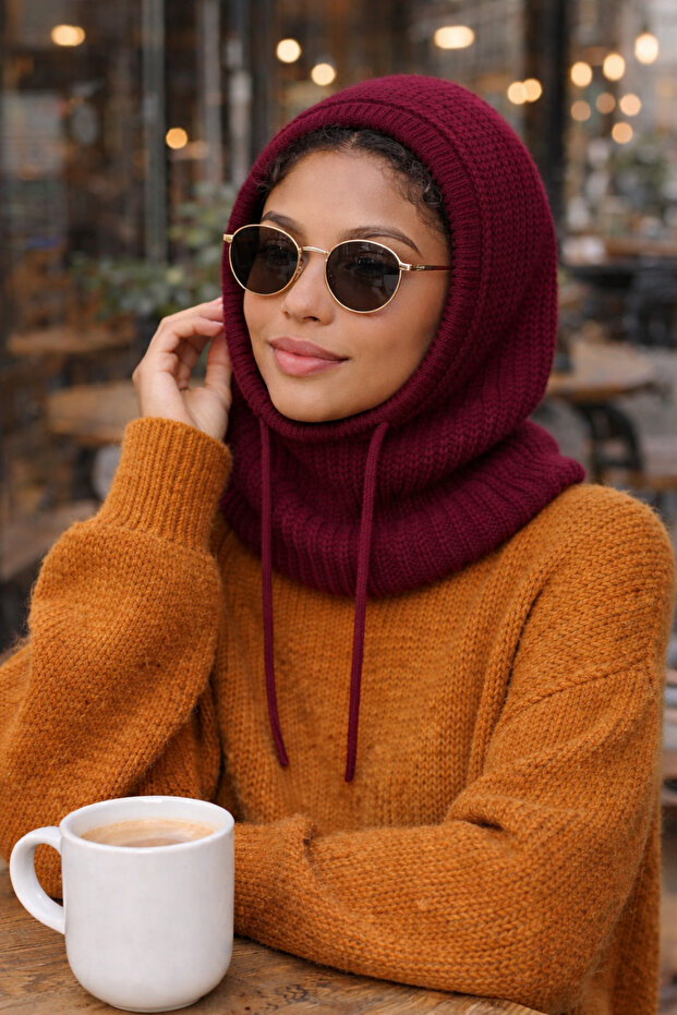 Bordo Balaclava Bere Triko Kadin - 3