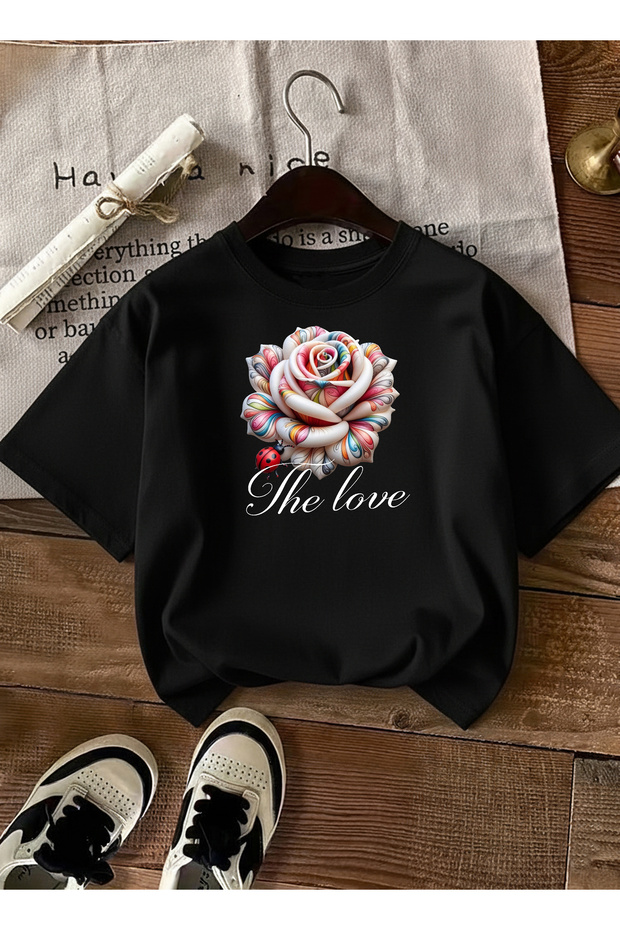 Women's the Love Printed Printed Round Neck Black T-Shirt