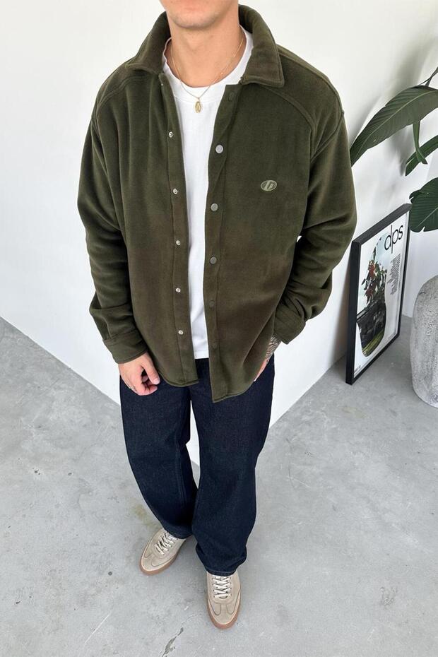 Khaki g Embroidered Oversized Fleece Shirt