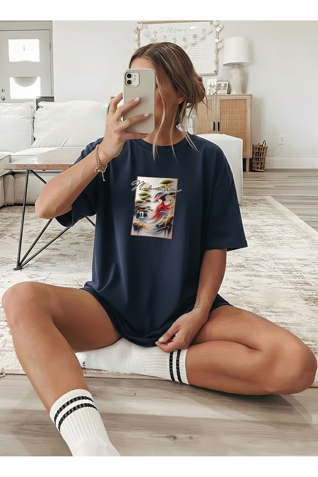 Women's Mademle Printed Special Design Navy Blue T-Shirt