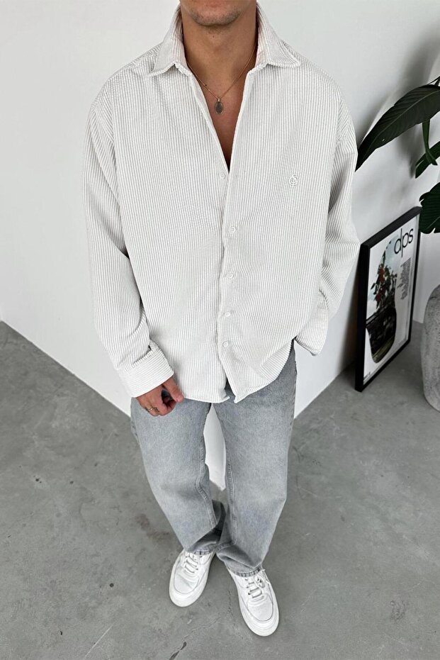 White Corded Fabric Velvet Relaxed Shirt