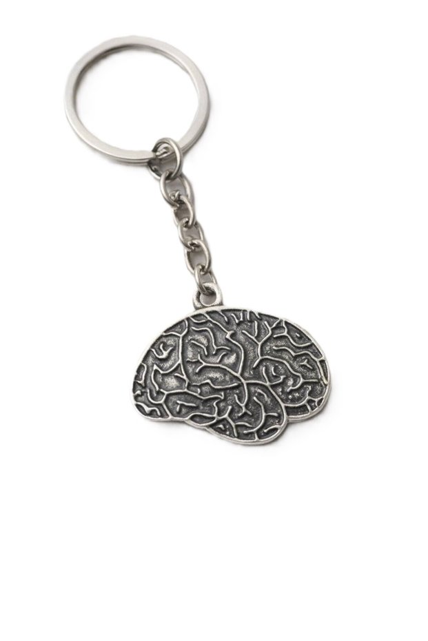 Silver Color Metal Unisex Keychain with Brain Figure on the Theme of Thought