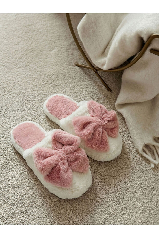 Women's Plush House Slippers with White Bow Figure from Güli̇s Gi̇yi̇m