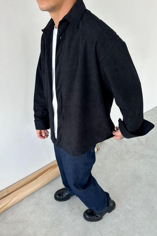 Siyah Basic Fitilli Kadife Gömlek - 2