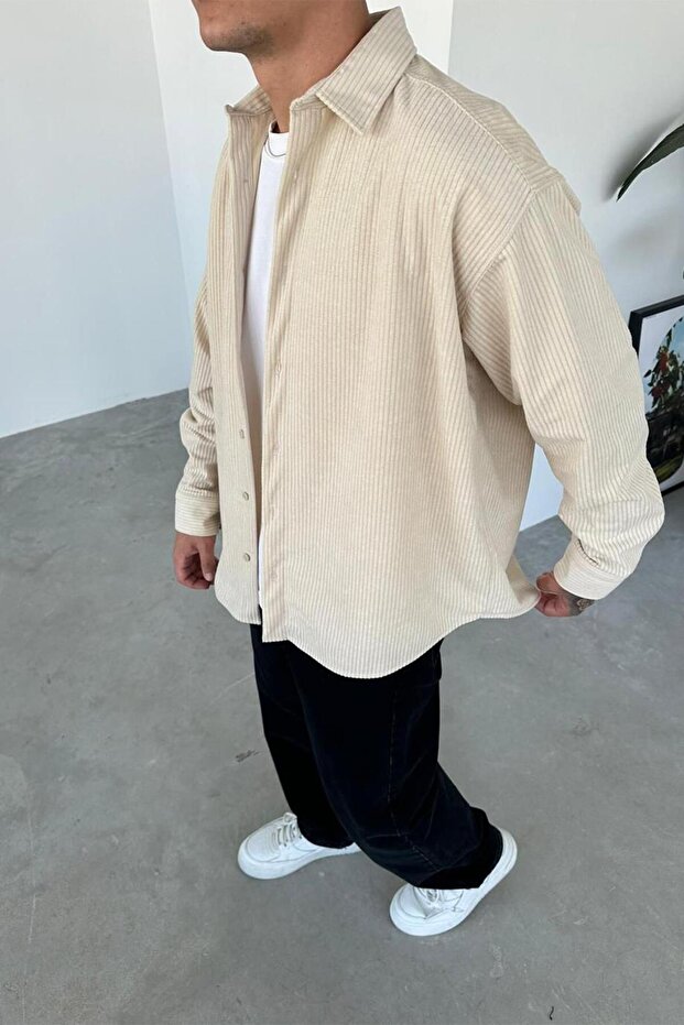 Krem Basic Fitilli Kadife Gömlek - 2