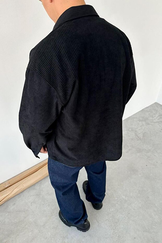 Siyah Basic Fitilli Kadife Gömlek - 3