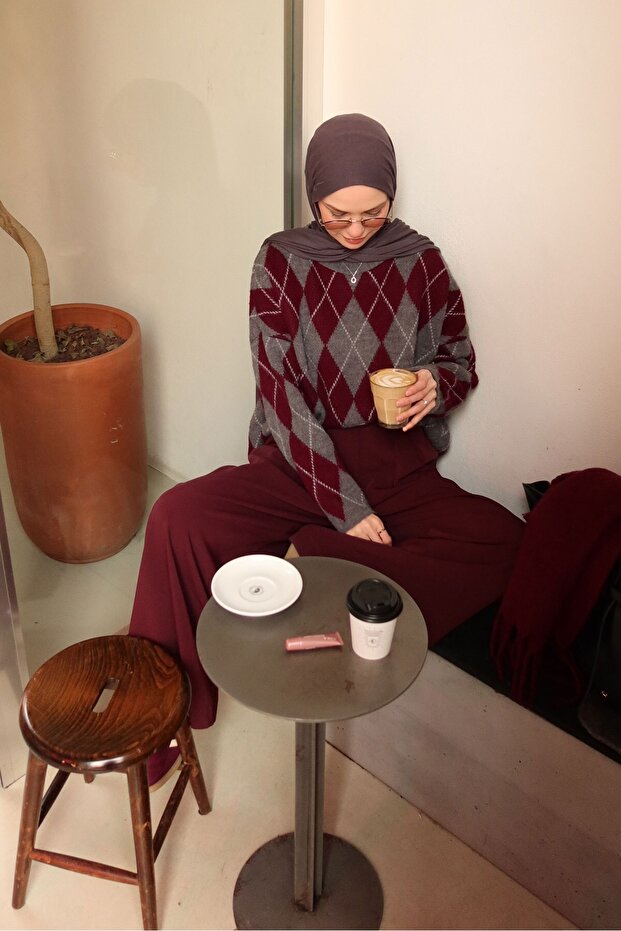 Argyle Triko Kazak Bordo - 2