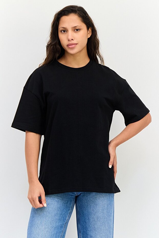 Ole By Women Crew Neck Short Sleeves Solid T-Shirt, Black