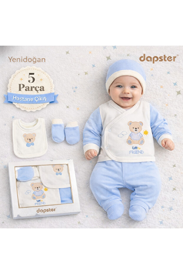 5 Piece Newborn Hospital Discharge Set with Teddy Bear, 100% Cotton Baby Set