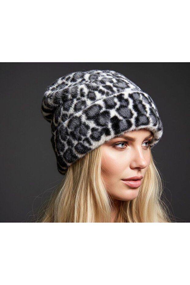 Women's Gray Leopard Patterned Furry Soft Beanie Domestic Production