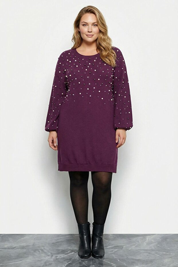 Plus Size Pearl and Stone Embroidered Y Soft-Textured Purple L Stretch Fabric Dress 616396