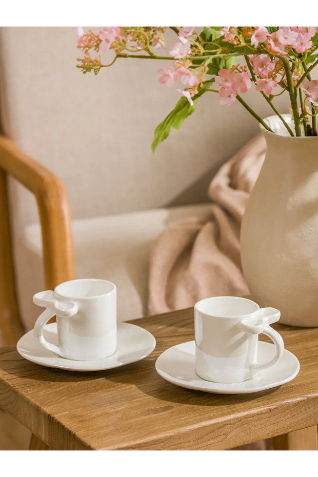 LCW HOME White Bow Tie Printed Porcelain Coffee Cup Set for 2 People 90 Ml