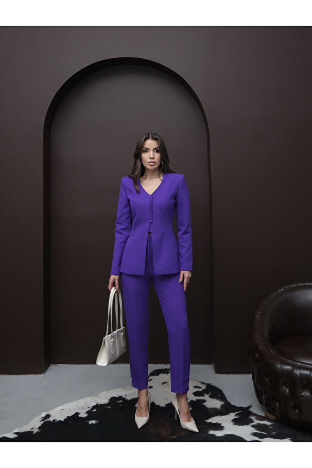 Lina V-Neck Jacket Slim-Leg Trousers Set Purple