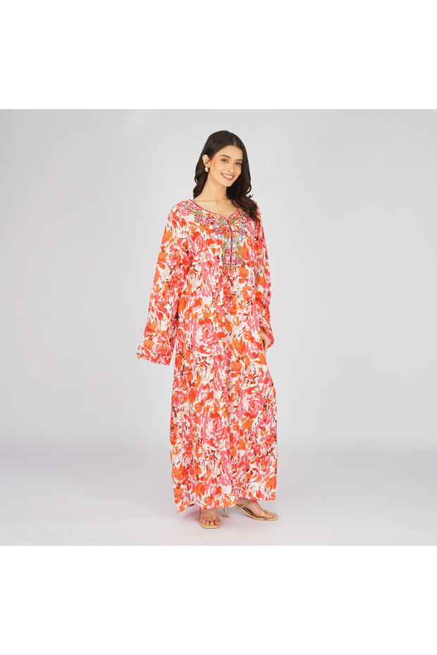 Orange White Floral Abstract Printed Jalabiya with Embroidery