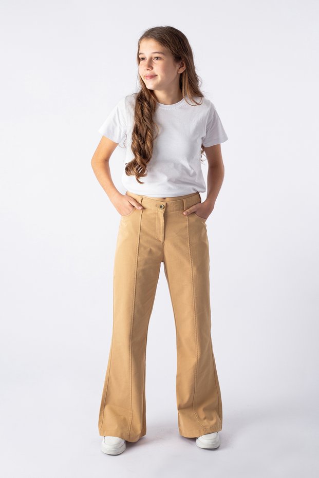 Girl's Stretch Fabric Flared Pants, Gabardine Elastic Waist W Wide Leg Pants 7-14 Years Old