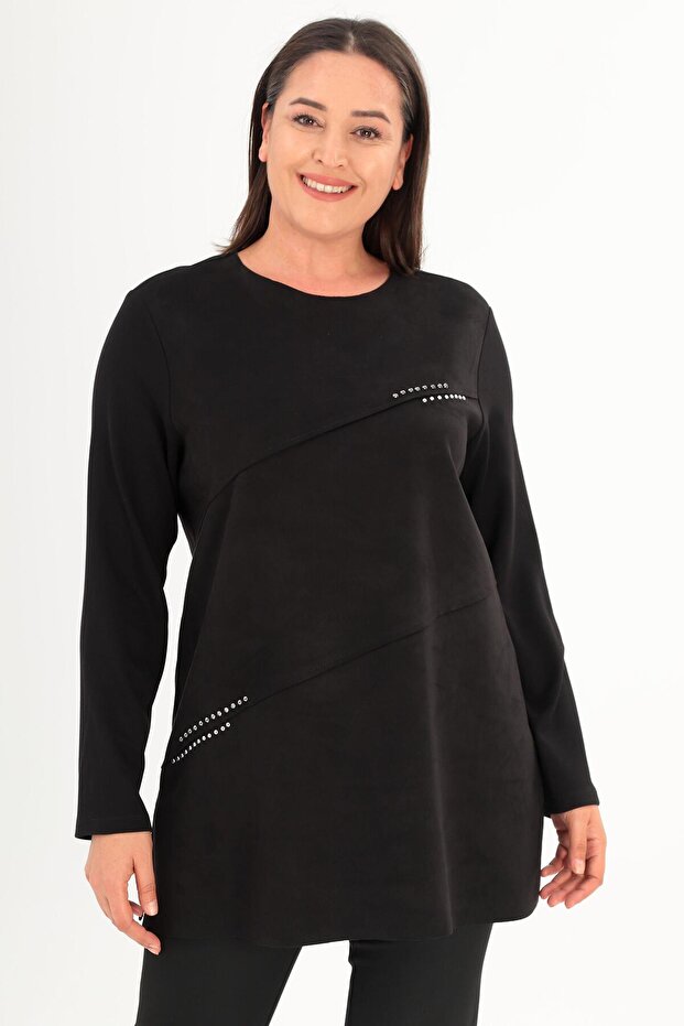 بلس مود تونيك كبير الحجم من الجلد السويدي مطبوع باللون الأسود