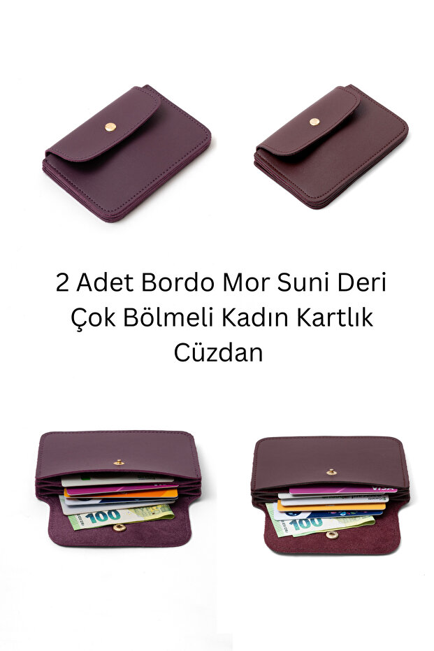 2 Pieces Burgundy Purple Faux Leather Multi-Compartment Women's Card Holder Wallet Set - 13X9 cm